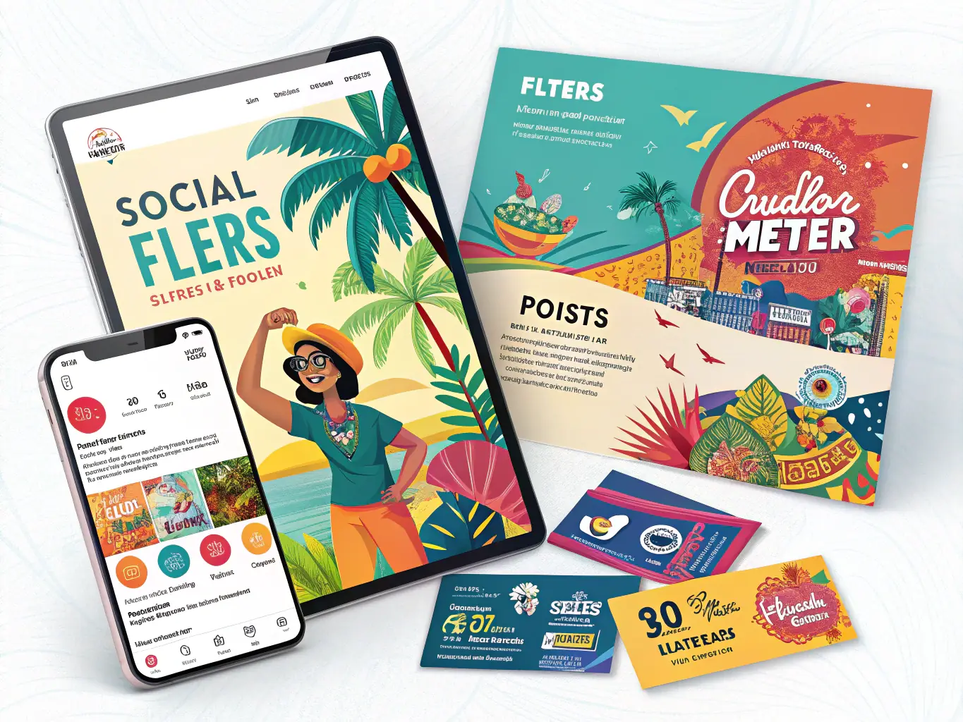 A collection of printed marketing materials like flyers and banners, demonstrating OneClick BF's professional printing services.